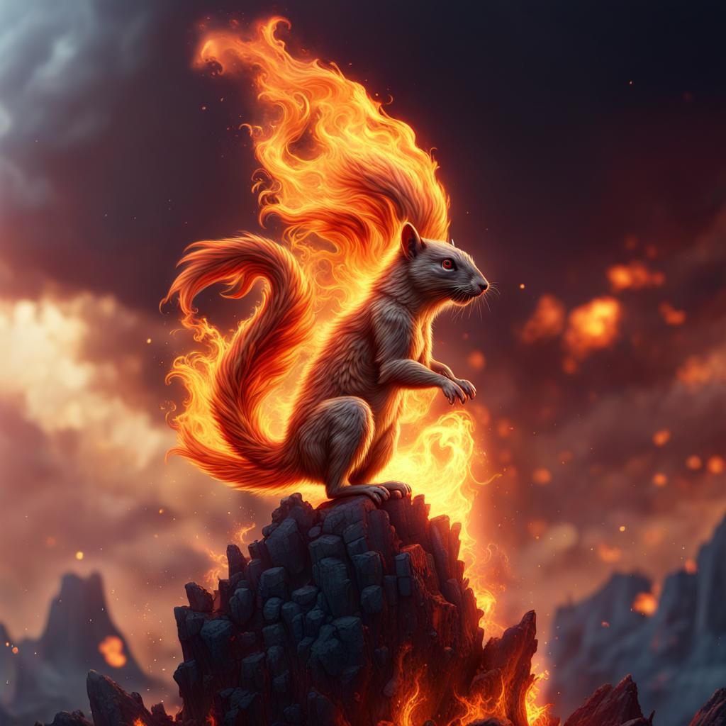 Fantasy Fire Squirrel Descends From Sky