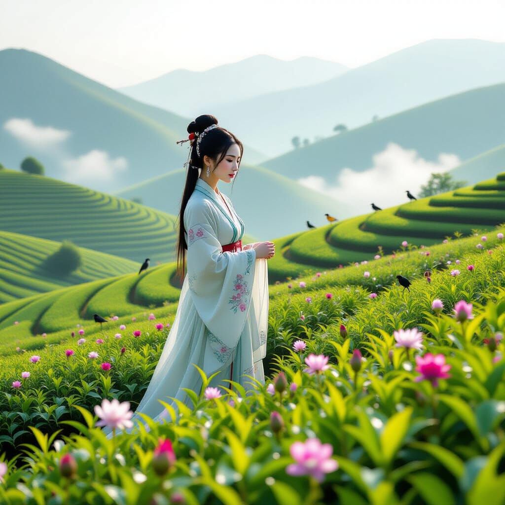 Woman in Tea Plantation Amidst Mist and Birds