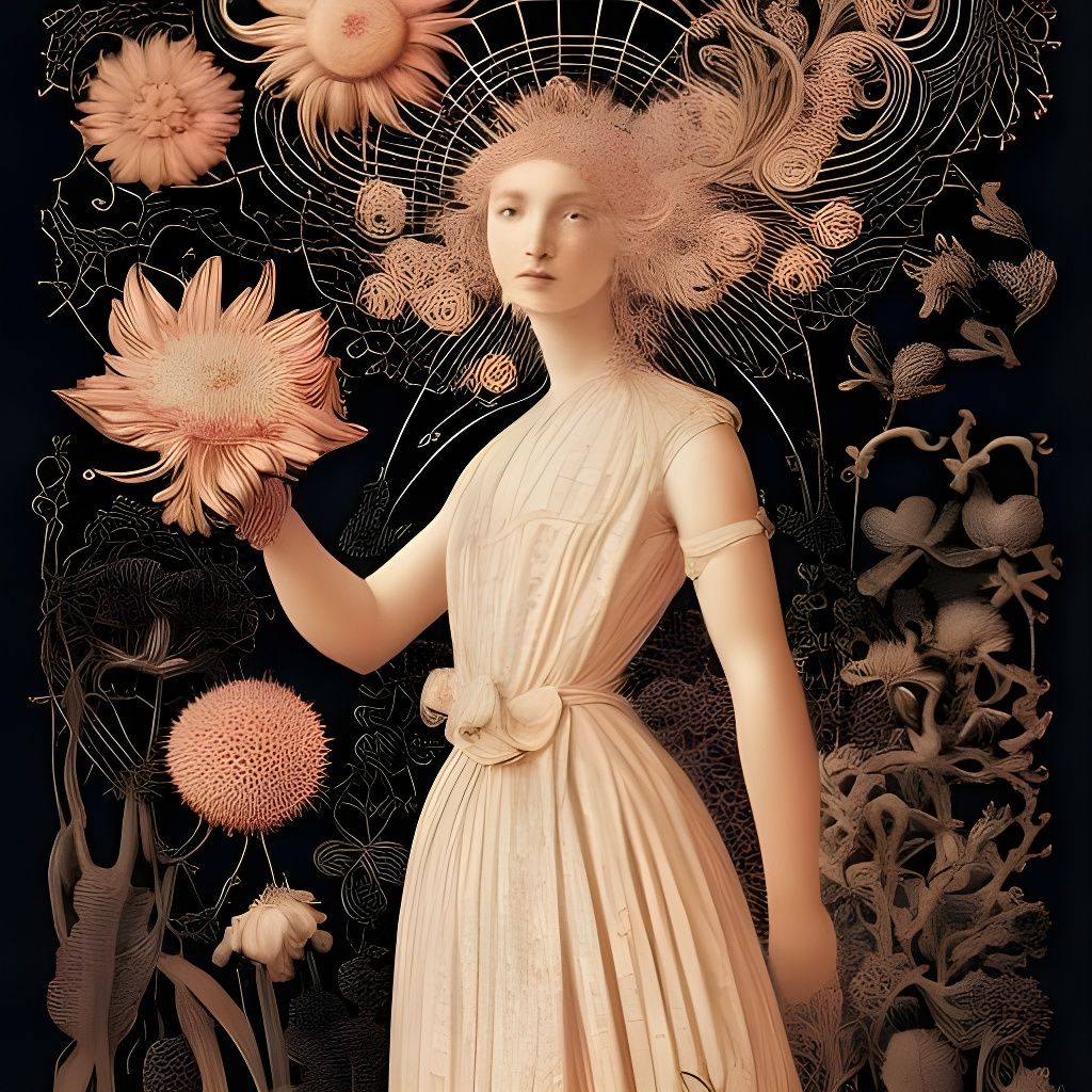 Girl Holding Flowers in Detailed Botanical Art Style