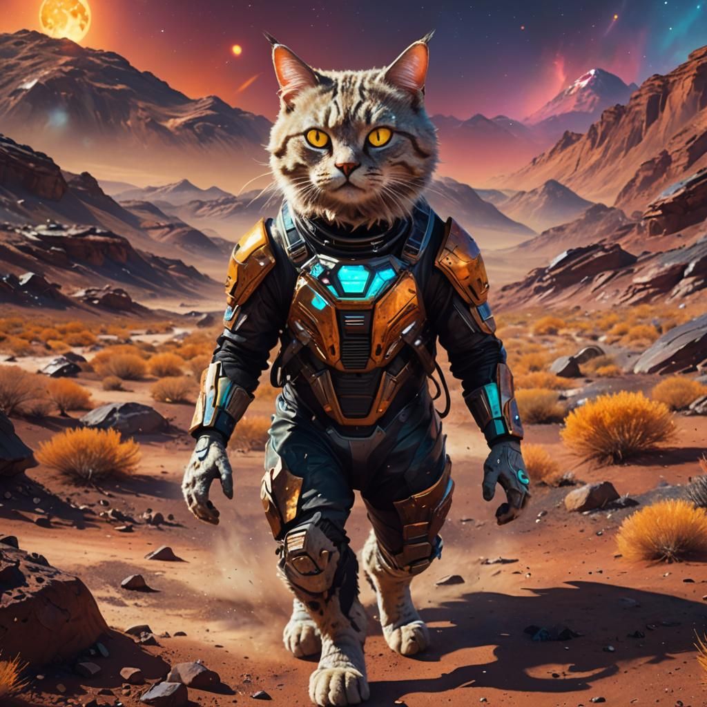 Cat Person on Alien Planet in Sci-Fi Style