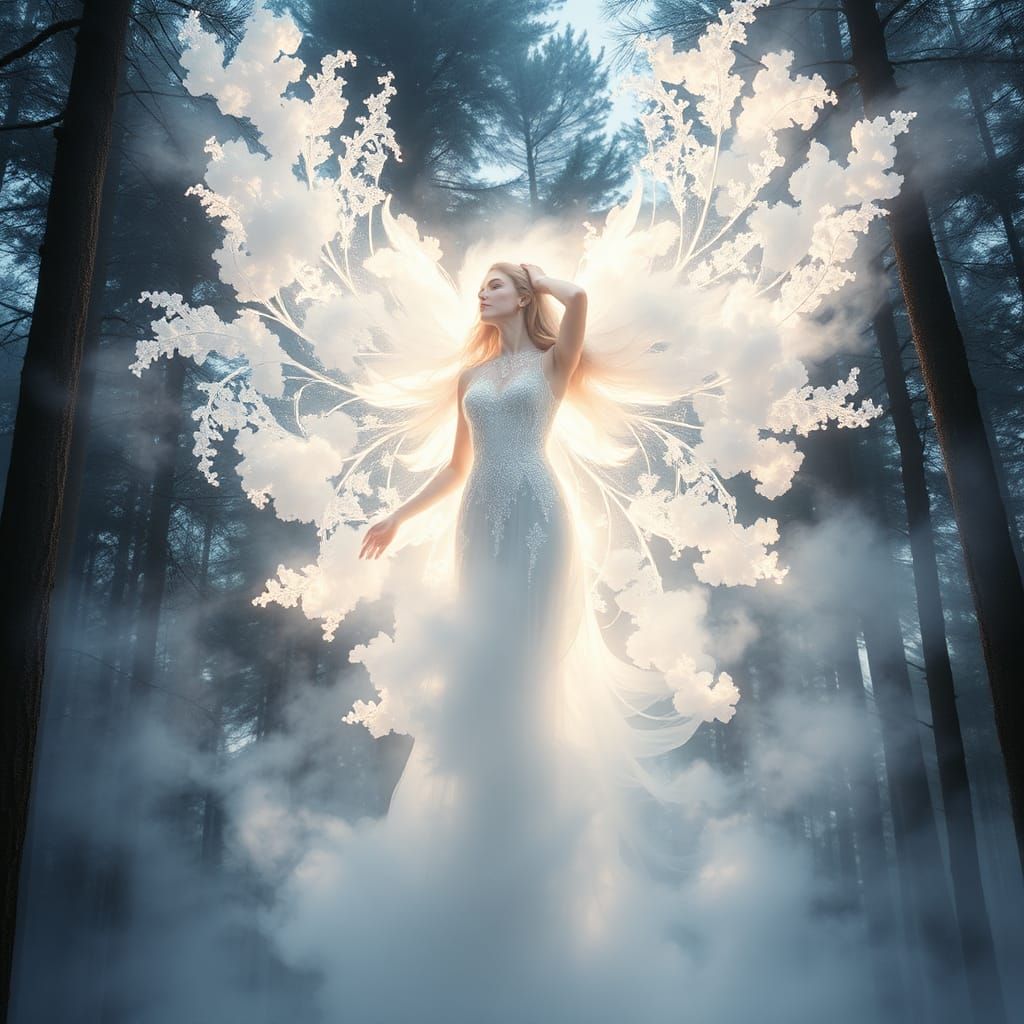 Ethereal Feminine Spirit Among Crystalline Trees