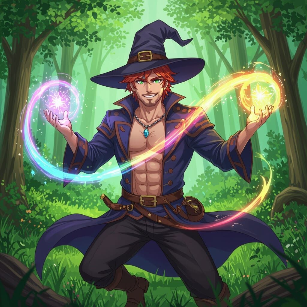 Anime Witch Casting Rainbow Magic in Forest