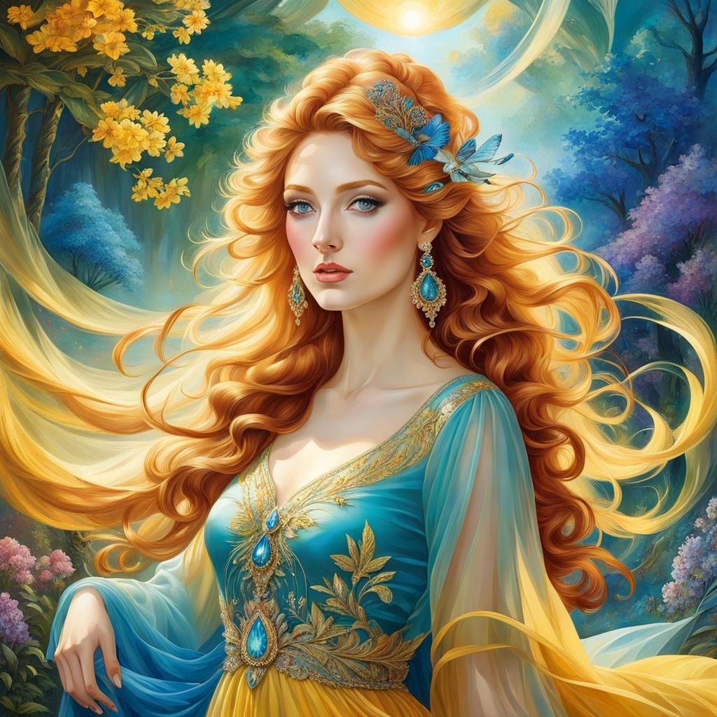 Modern Young lovely Woman with Red Blond wavy long hair