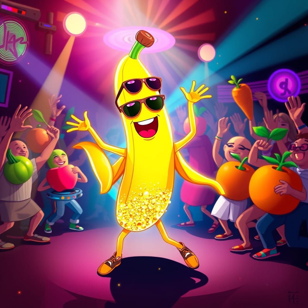 Vibrant Cartoon Banana Dances in Retro-Futuristic Nightclub