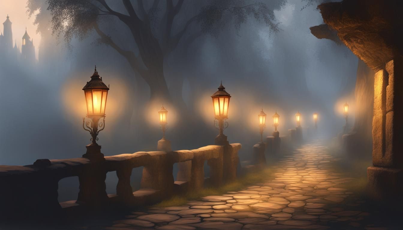 Misty Lanterns Light Ancient European Paths