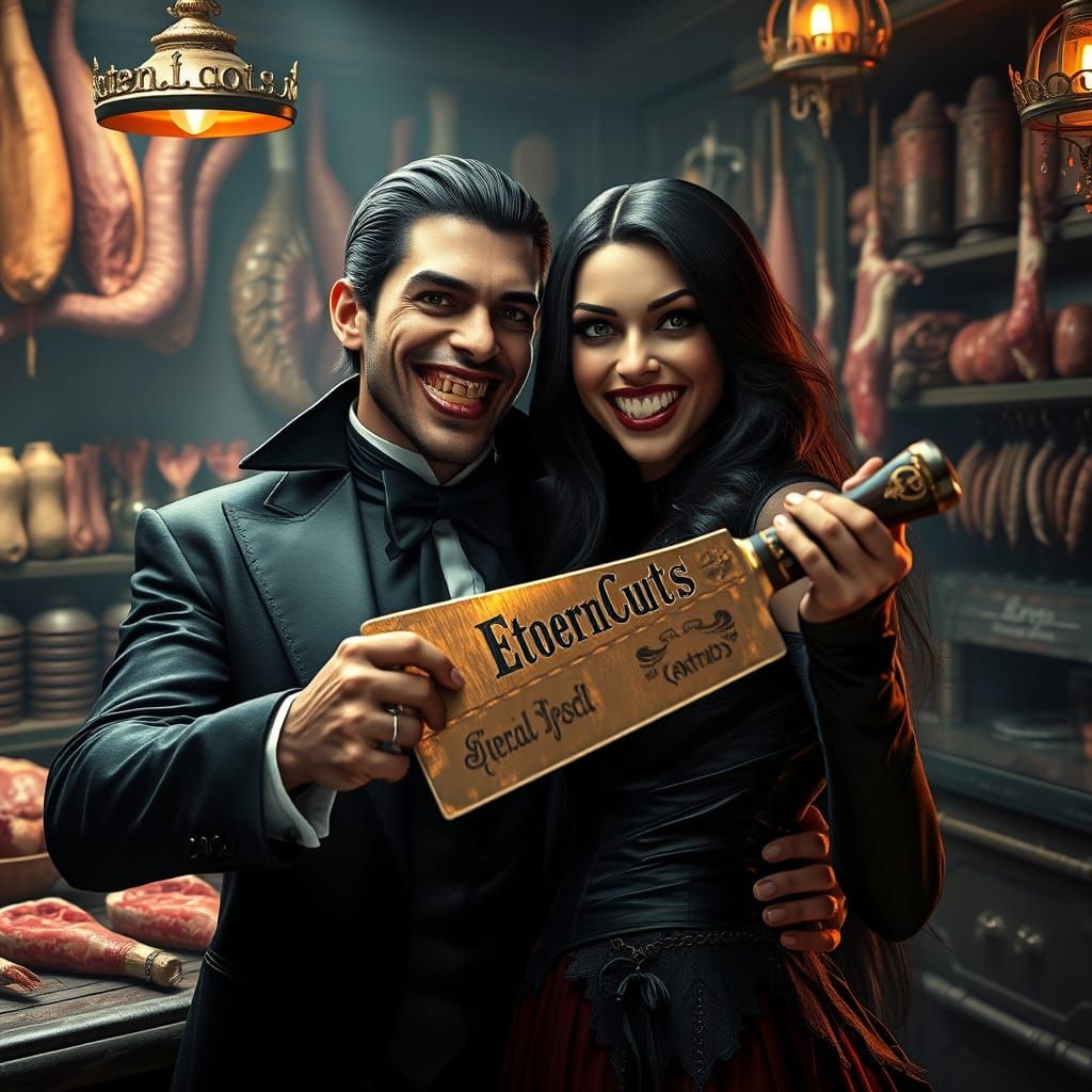Eternal Cuts: Vampire Couple in Luxurious Butcher Shop