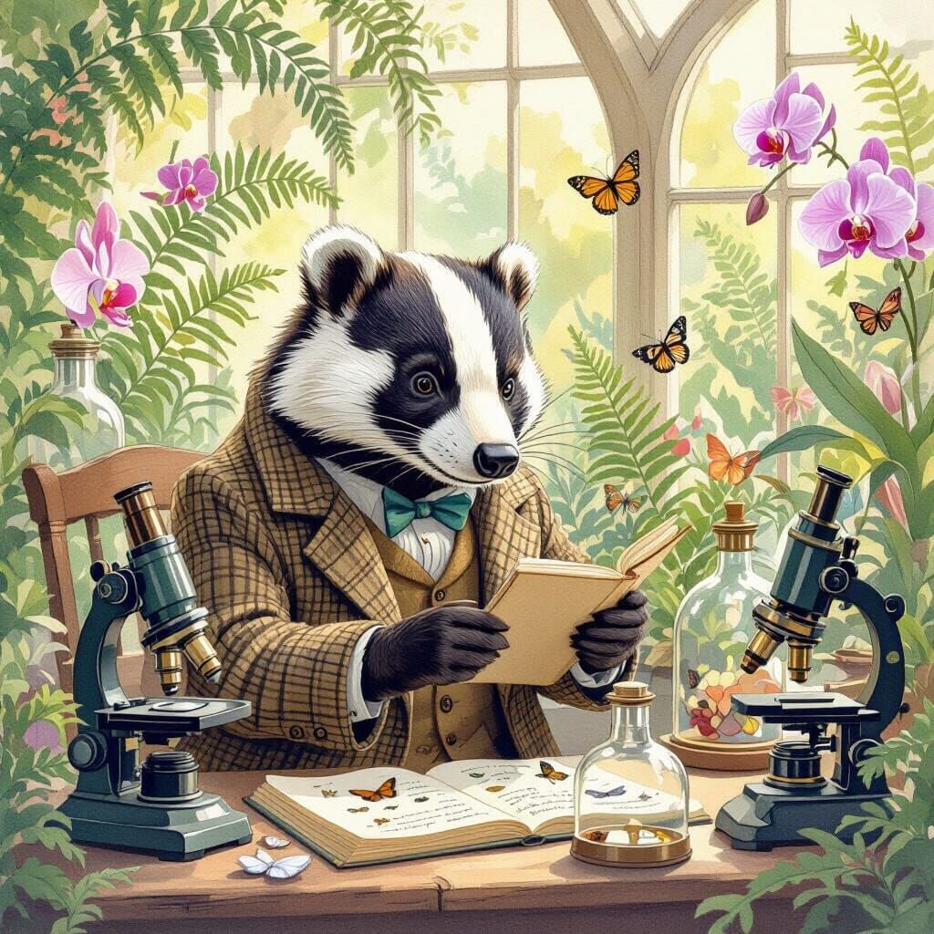 Badger Cataloging Butterflies in a Sunlit Conservatory