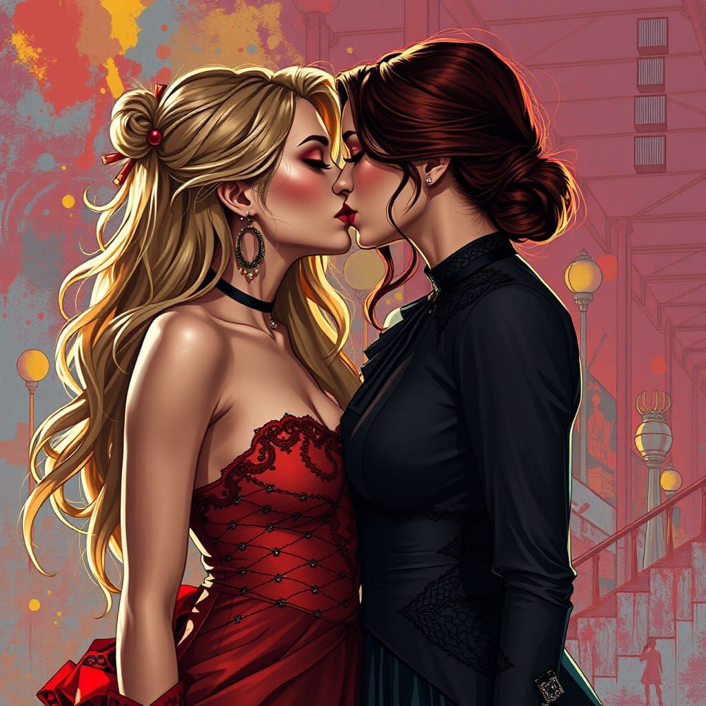 Elegant Women Share a Romantic Kiss in Vibrant Hyperrealism