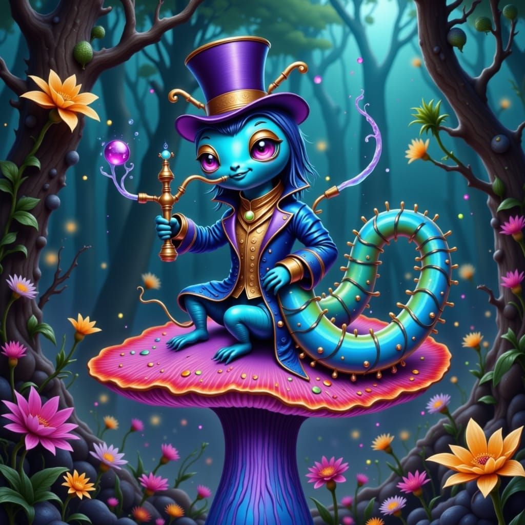 Mystical Fae Caterpillar Sits Upon a Glowing Mushroom