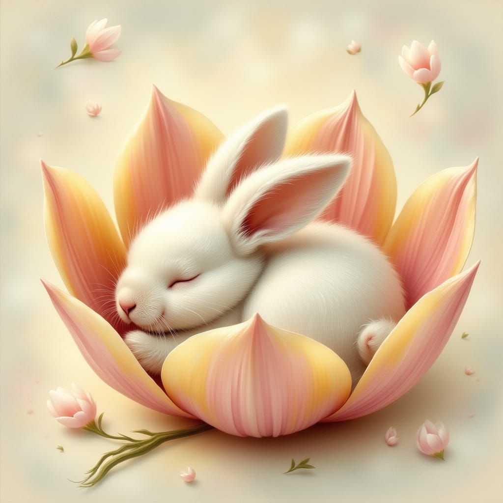 Tiny Bunny Slumbers in Delicate Flower Petal