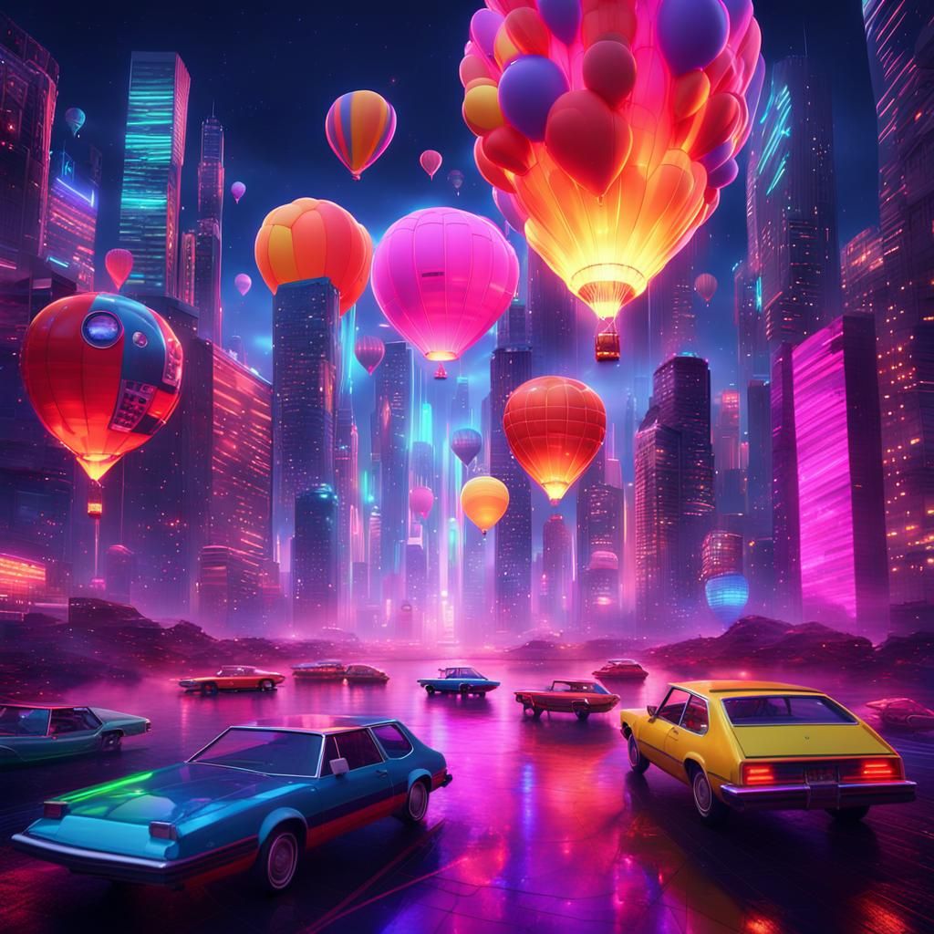 Retro 80s Balloon Floats Through Cityscape