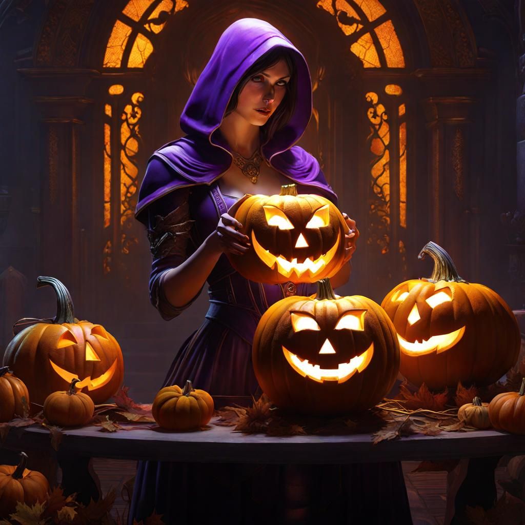 Sinister Girl Carving Pumpkin in Dark Fantasy Style