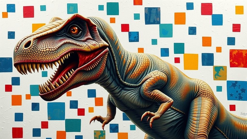 Surreal T-Rex Emerges from a Dreamlike Mosaic of Coloured Sq...