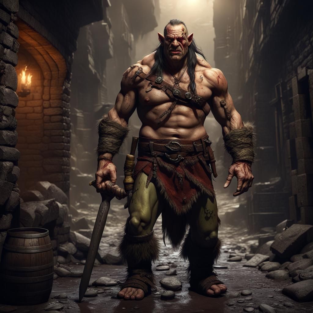 Drunken Half-Orc Barbarian in Dark Alley