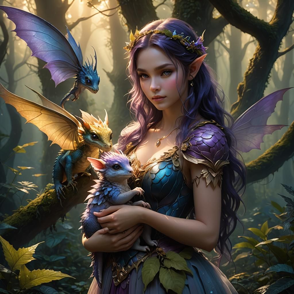 Fairy and Dragon in Misty Forest, Fantasy Art