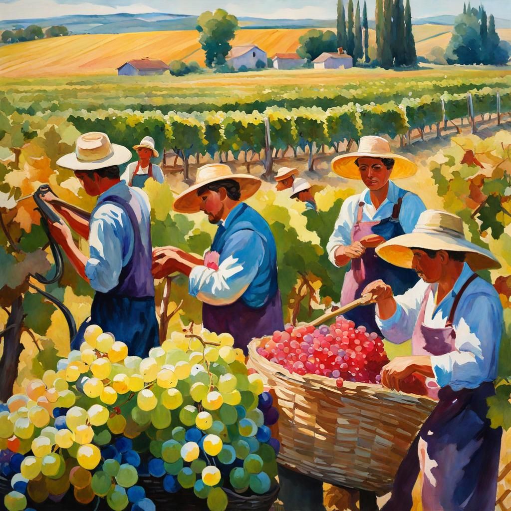 Grape Pickers at Vine Harvest in Gouache Style