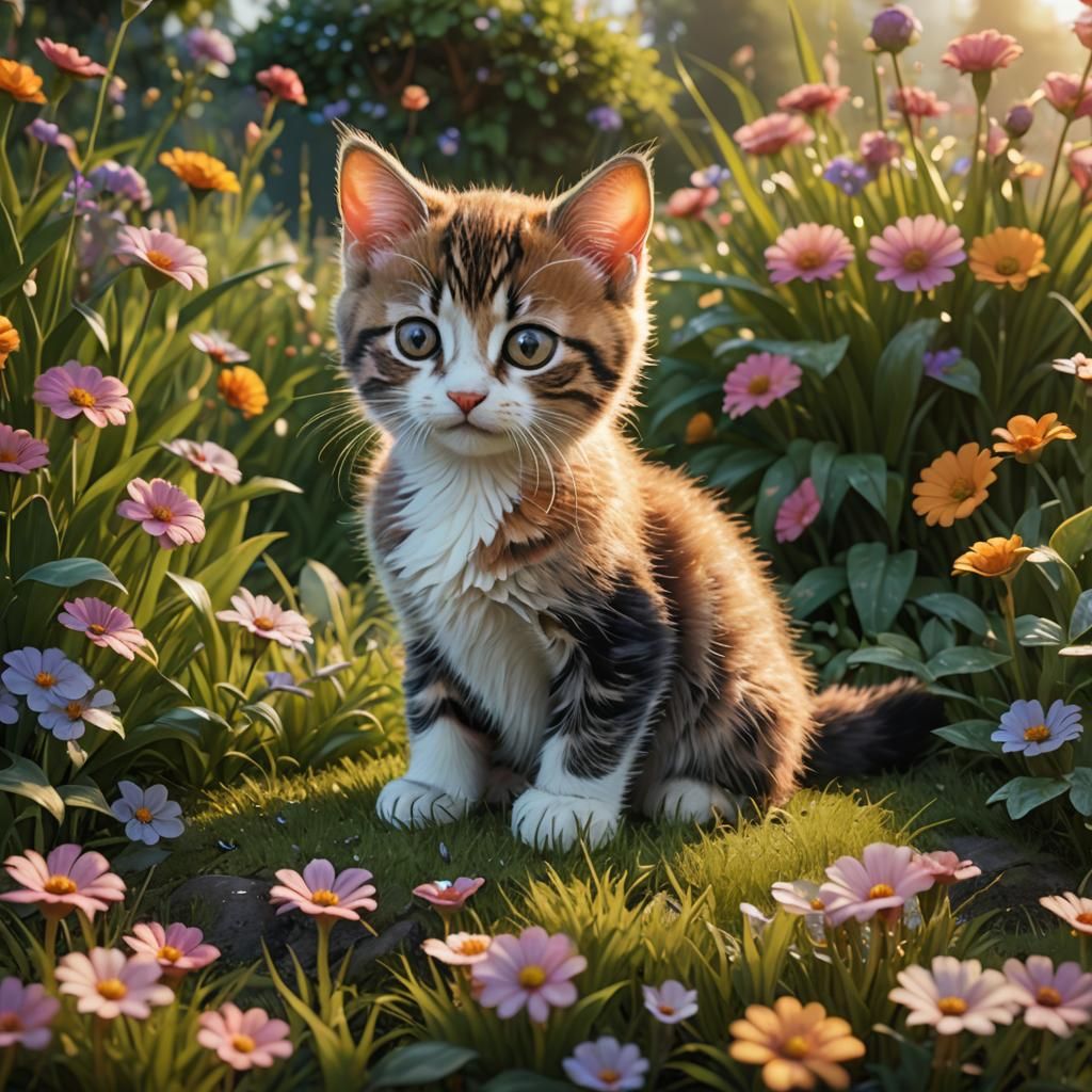 Adorable Kitten in Spring Garden: Fantasy Art