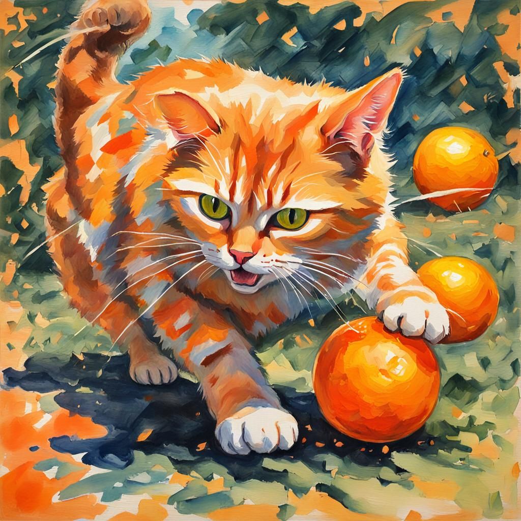 Cat Attacks Orange: Gouache and Watercolor Impressionist Sty...