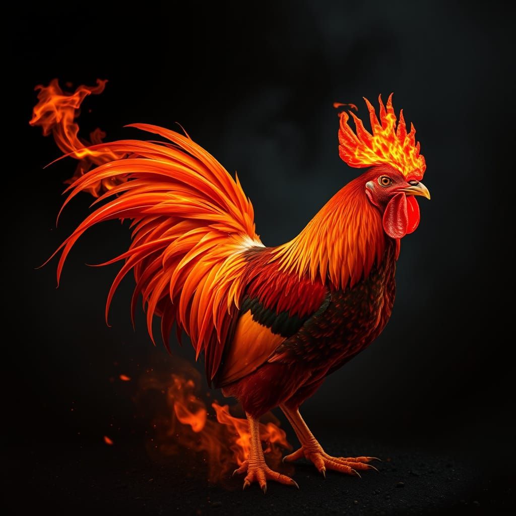 Flaming Rooster Greets Sunrise in Fiery Splendor