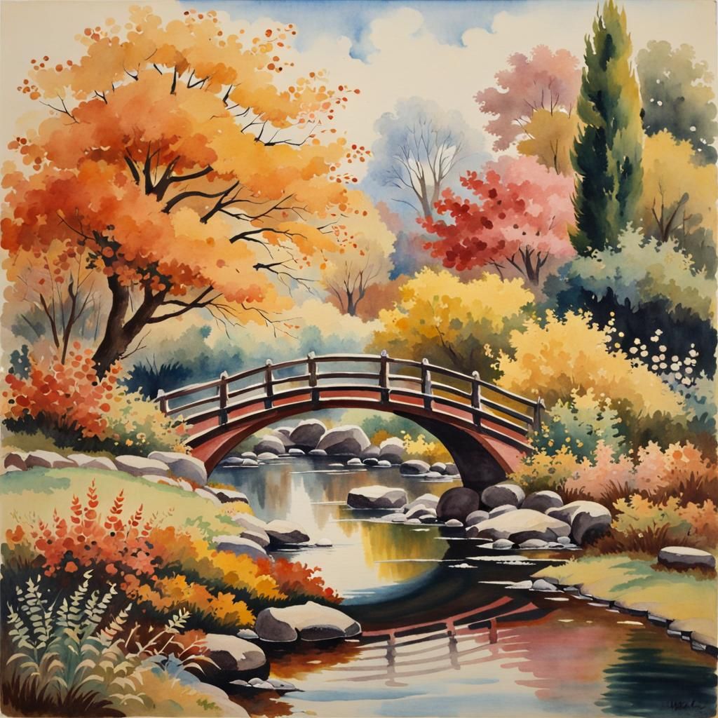 Autumnal Oriental Garden Watercolour Painting
