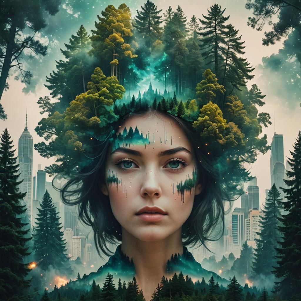 Nebula Face in Double Exposure Forest Glade