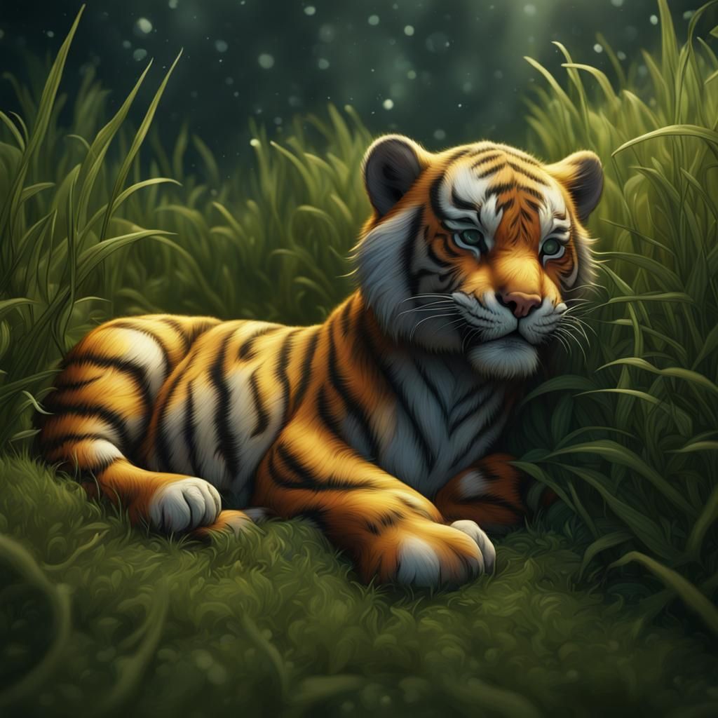 Sleeping Tiger Cub in Detailed Matte Painting
