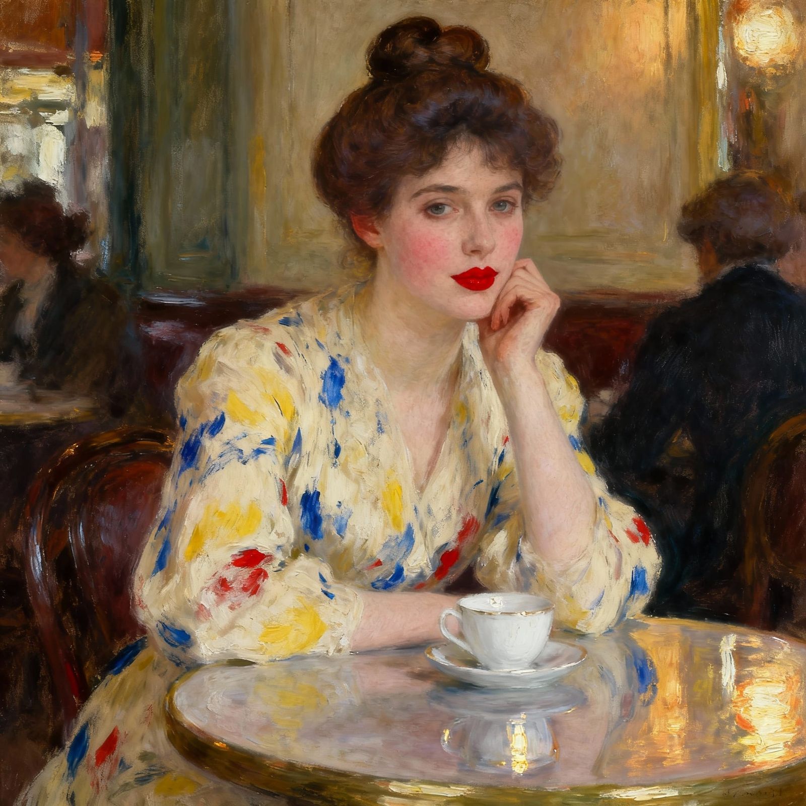 Impressionist Painting of Elegant Woman in European Café