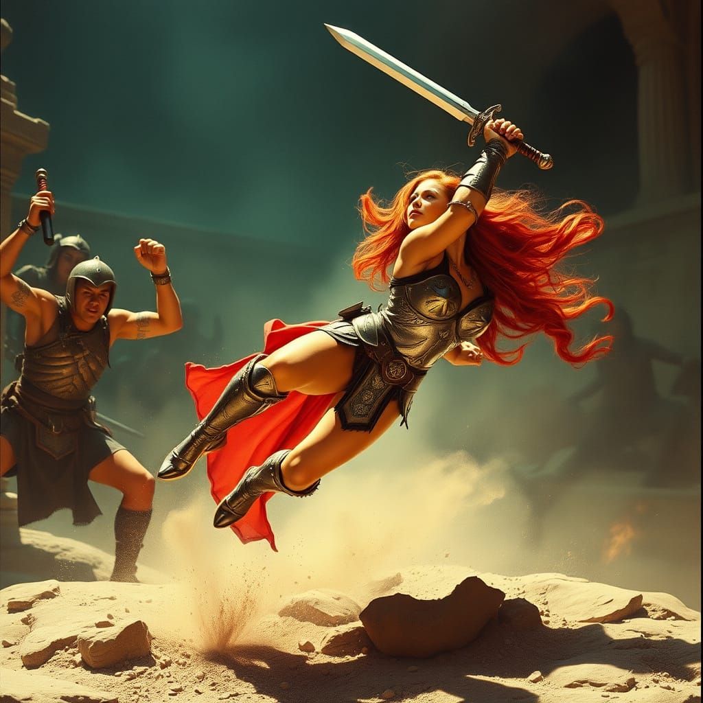Red Sonja Leaps into Battle: Cinematic Fantasy Art