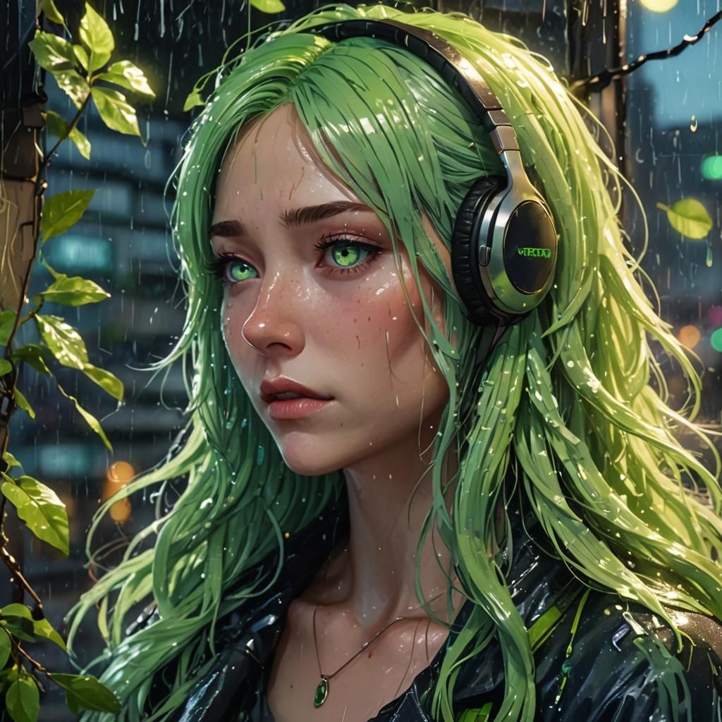 Anime Girl Crying in Rainy Neon Cityscape
