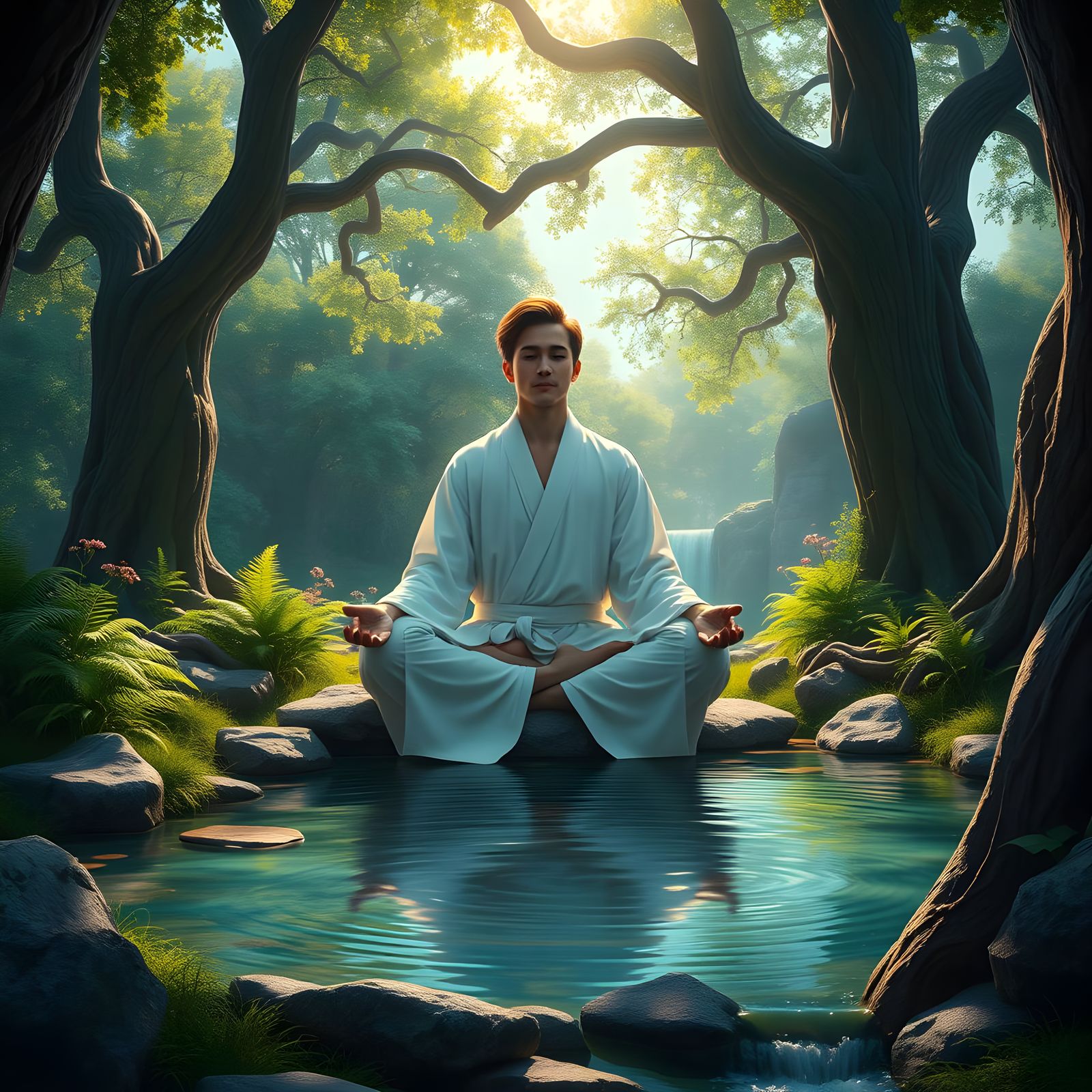 Meditating Figure in Tranquil Nature Setting