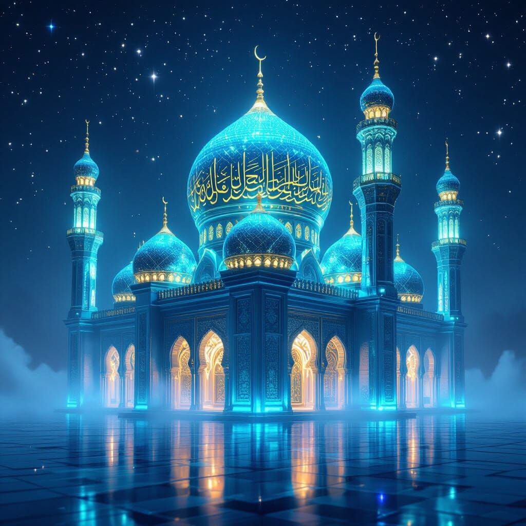 Cyber Mosque of Light in Neon Blue and Emerald