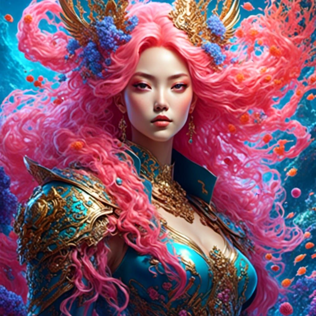 Pink-Haired Girl in Coral Reef: Fantasy Art