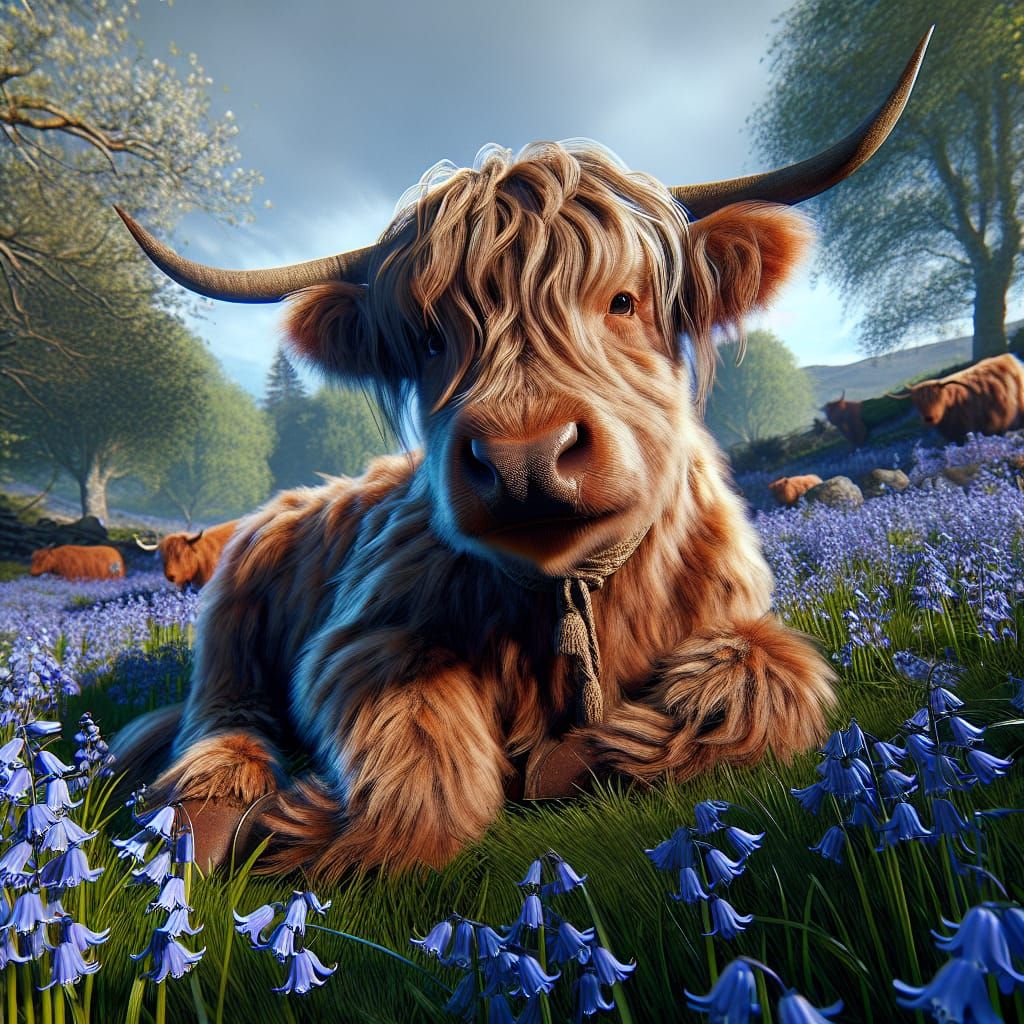 Highland Cow Lounging in Bluebells: 3D Game Cinematic