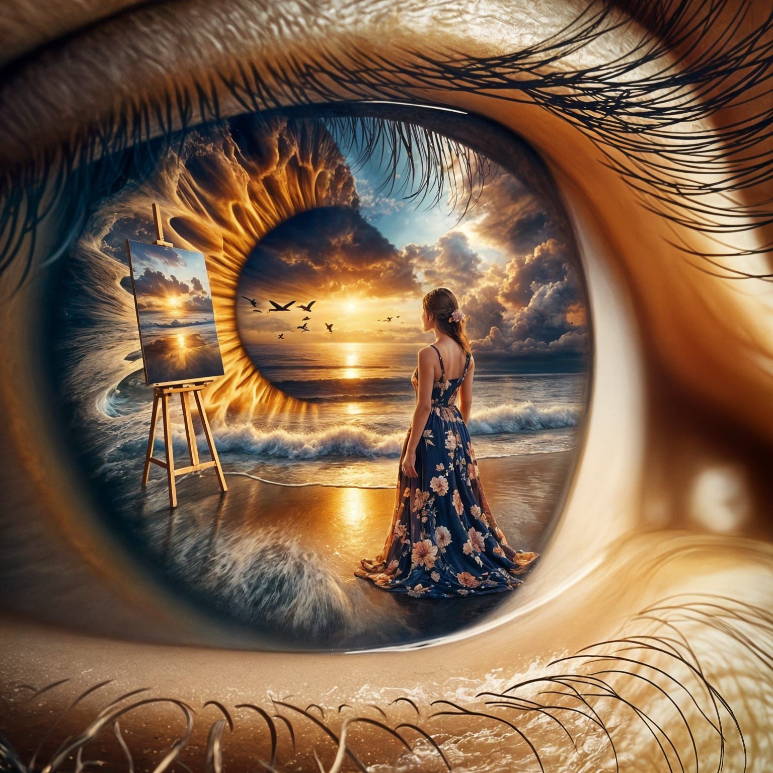 Surreal Sunset Beach Reflected in Human Eye