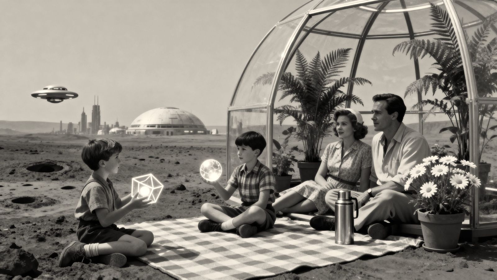 Family Picnic on Mars in Retro-Futuristic Polaroid Style