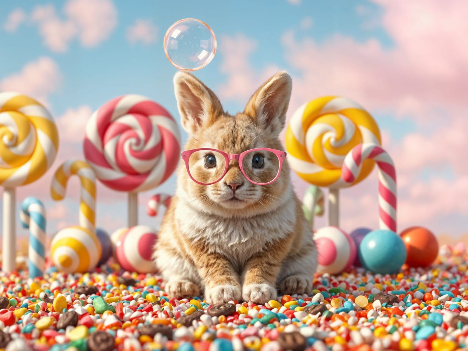 Candy Coated Bunny in a Whimsical Landscape