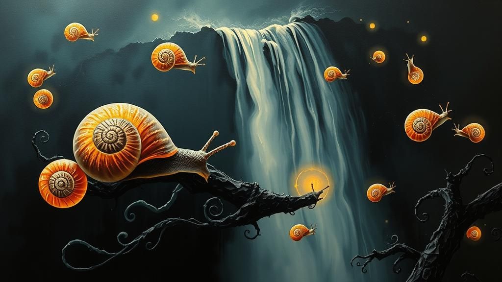 Ethereal Snails in Surreal Waterfall Realm