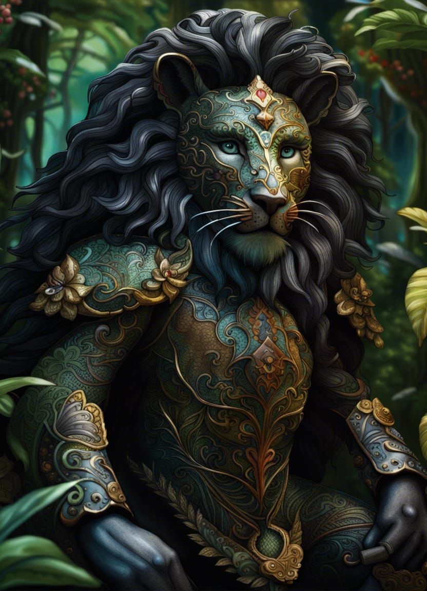 Armored Lion Warrior in Jungle Fantasy Art