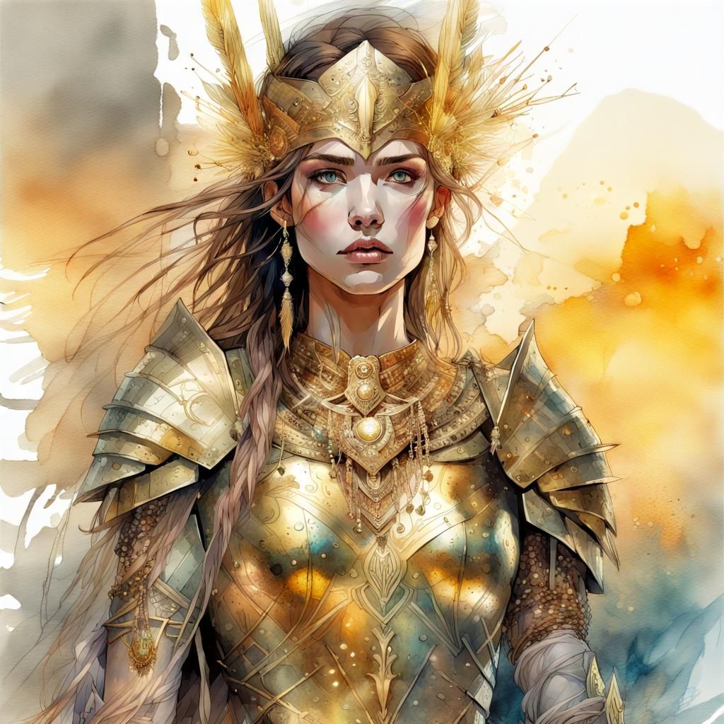 Golden Warrior Woman in Digital Watercolor Art