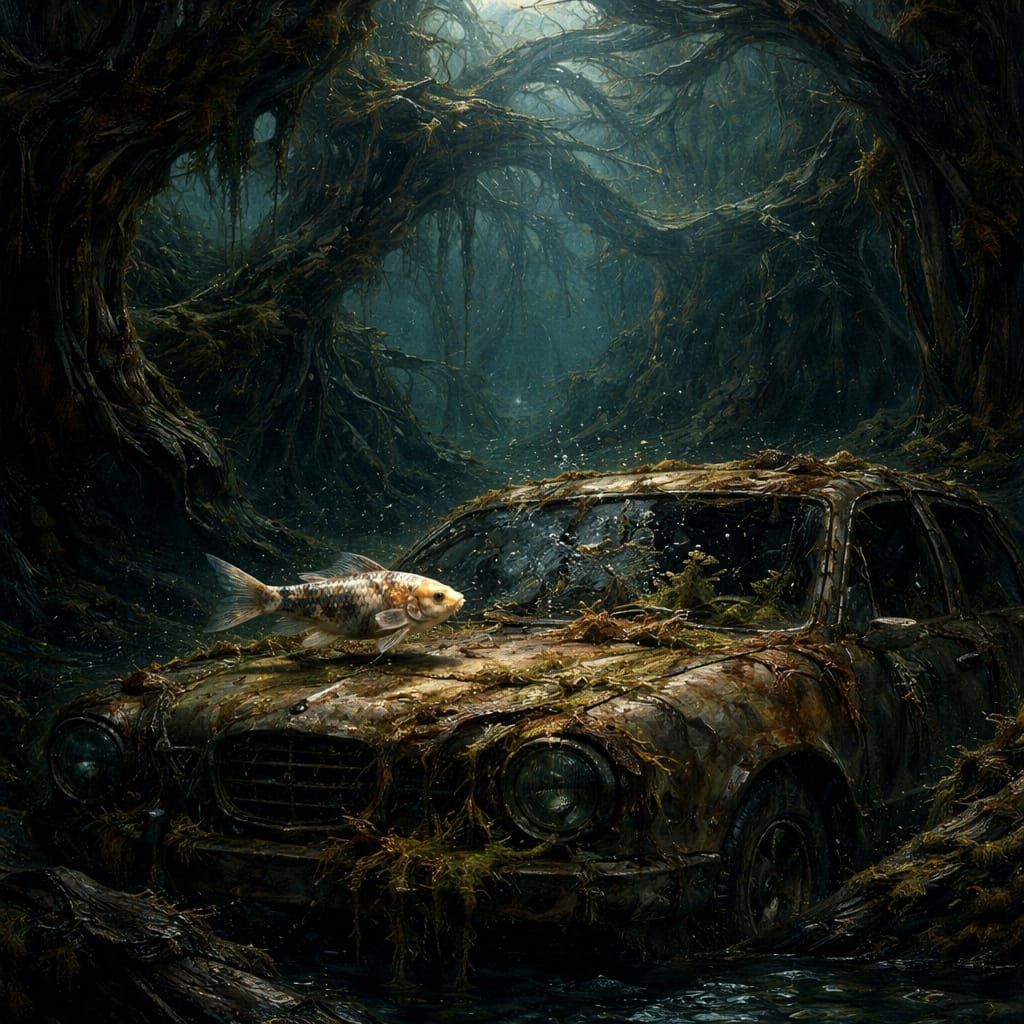 Mystical Underwater Forest Clearing with Koi and Rusty Car