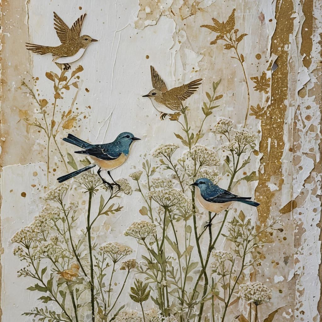 Queen Anne's Lace Collage with Birds in Folk Art Style
