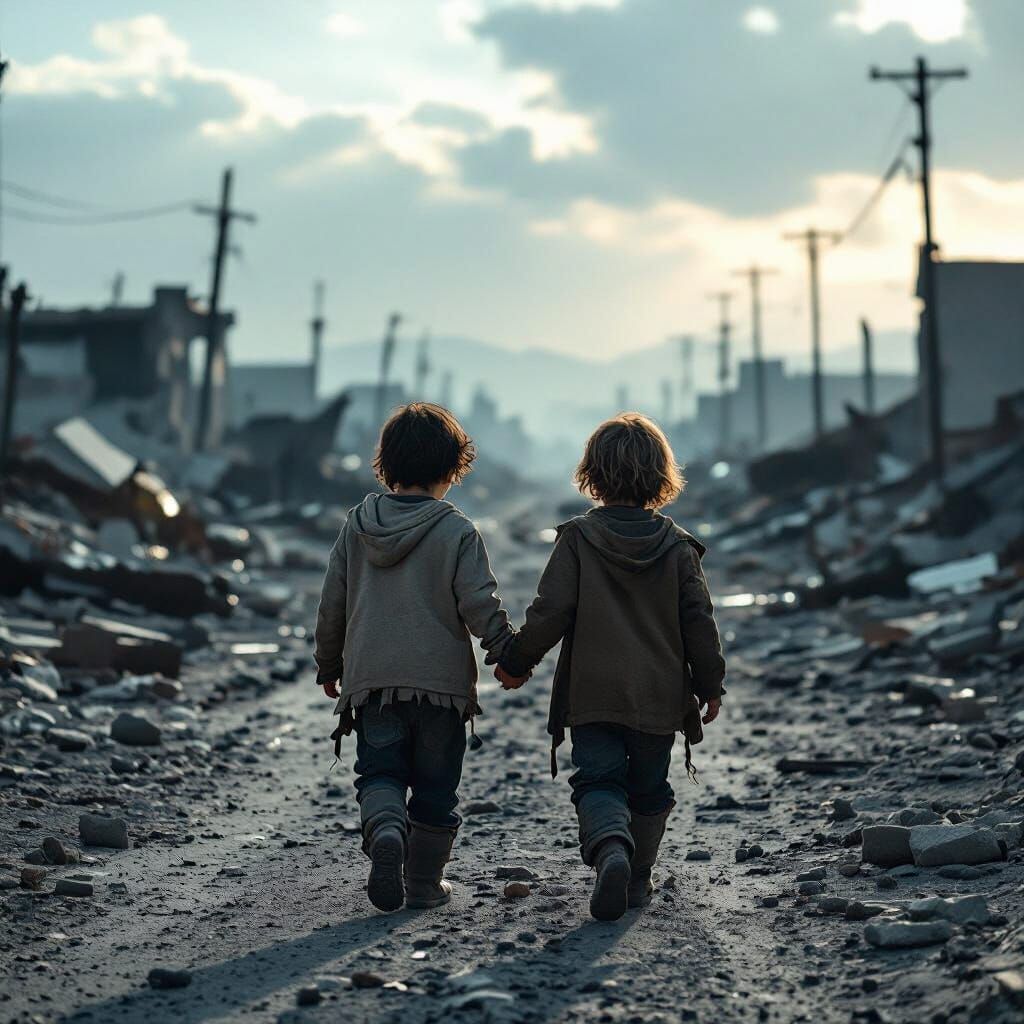 Children in Post-Apocalyptic Landscape, Cinematic 35mm Film