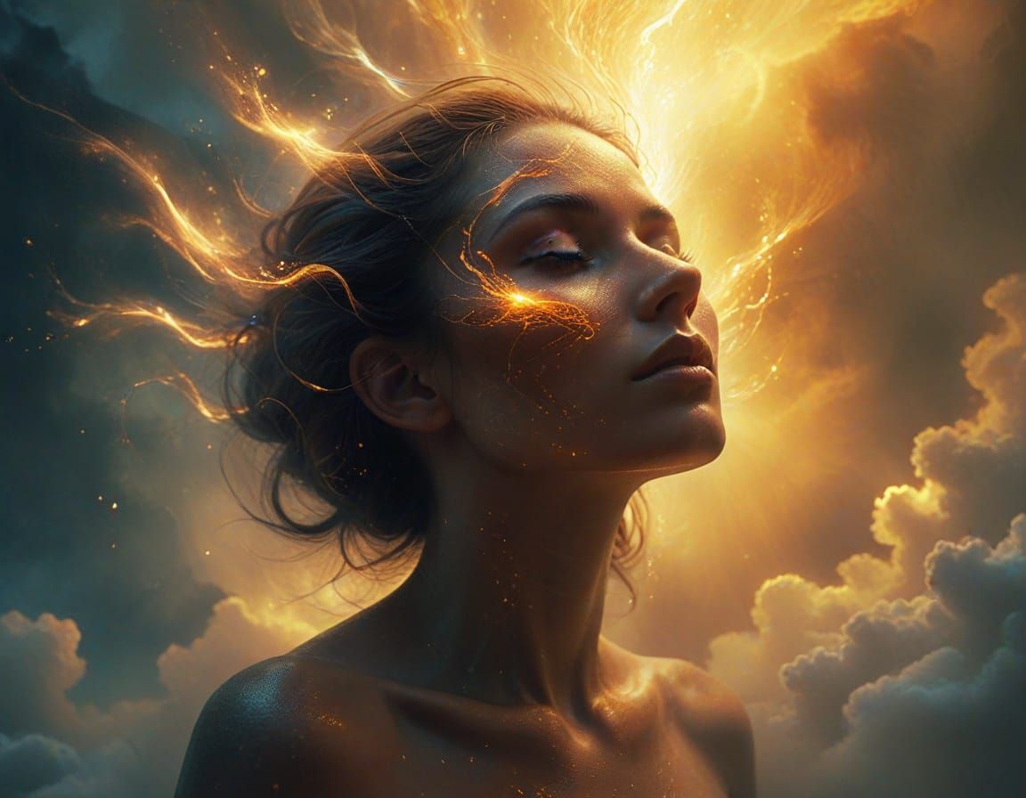 Ethereal Goddess Ascends Amidst Radiant Halos