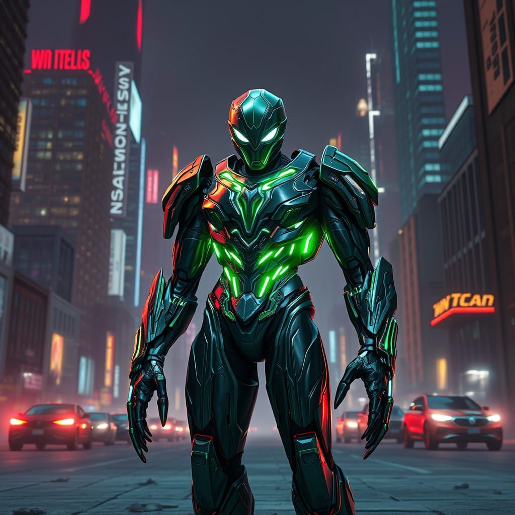 Sleek Cyberpunk Mech Suit in Futuristic Cityscape