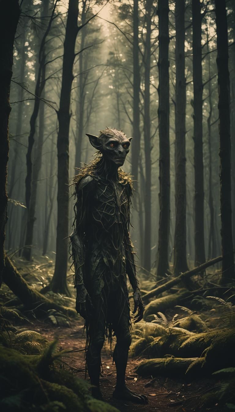 Eerie Humanoid Creature in Dark Forest