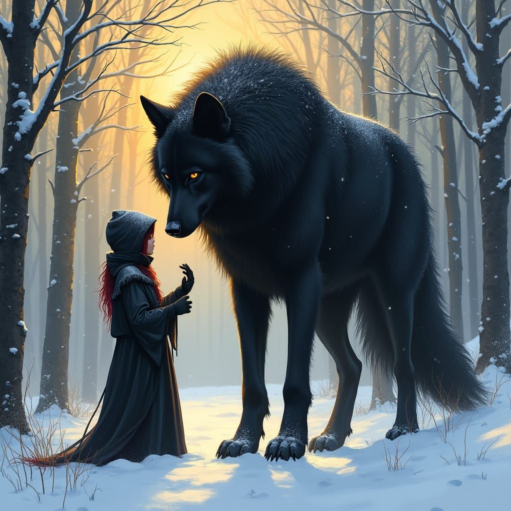 Direwolf and Hooded Figure in Snowy Forest at Sunset