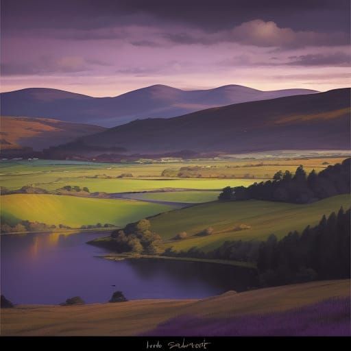 Scottish Dusk: Golden Mist on Lochs as Oil Painting