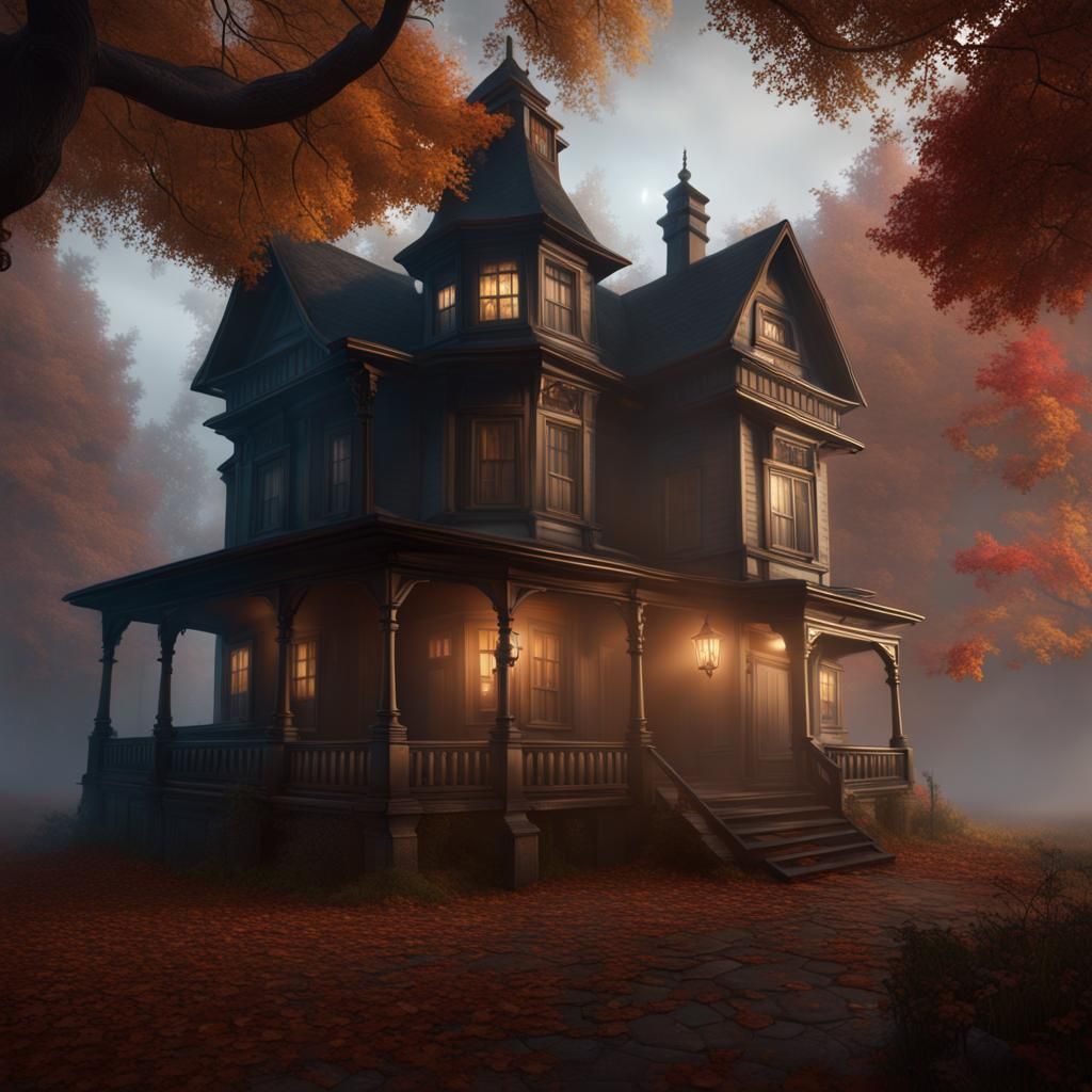 Autumn Morning Fog Above Leaves, Matte Painting