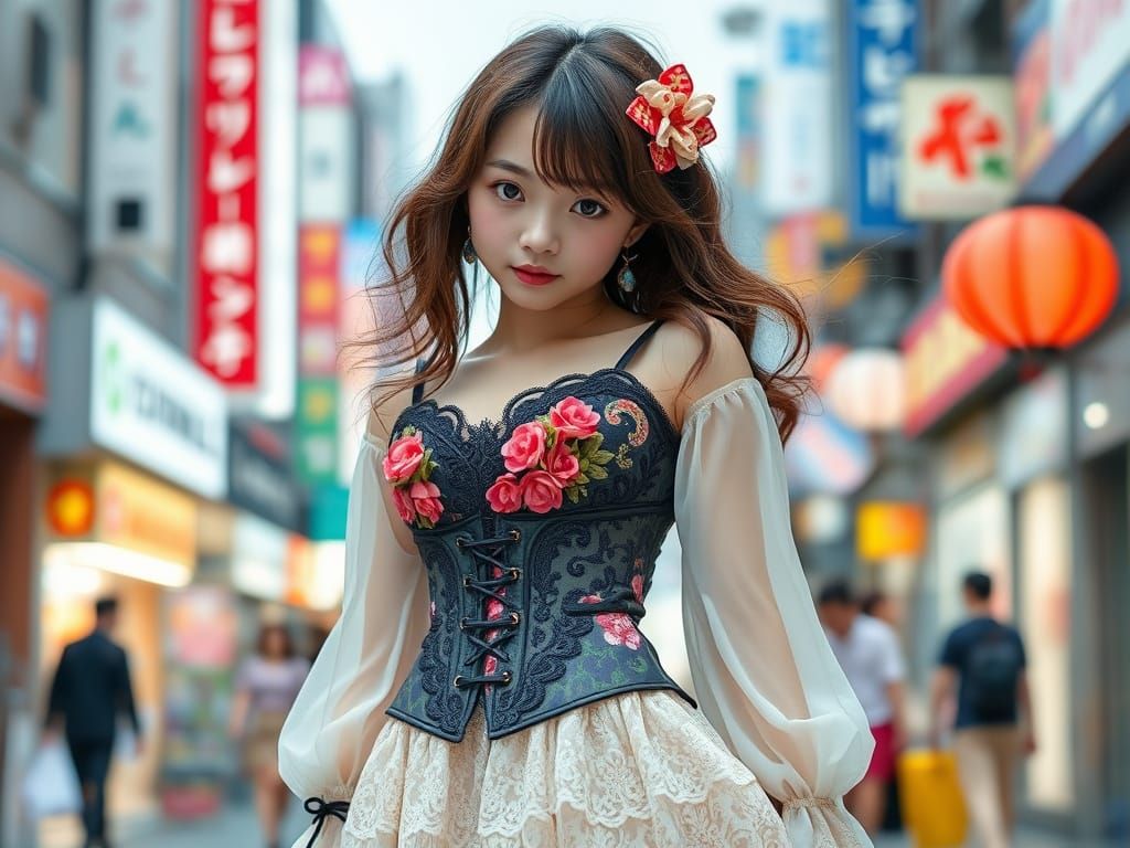 Kawaii Jacquard flowered corset bodice gothic lace skirt and blouse perfect feminine youthful Shibuya fashion