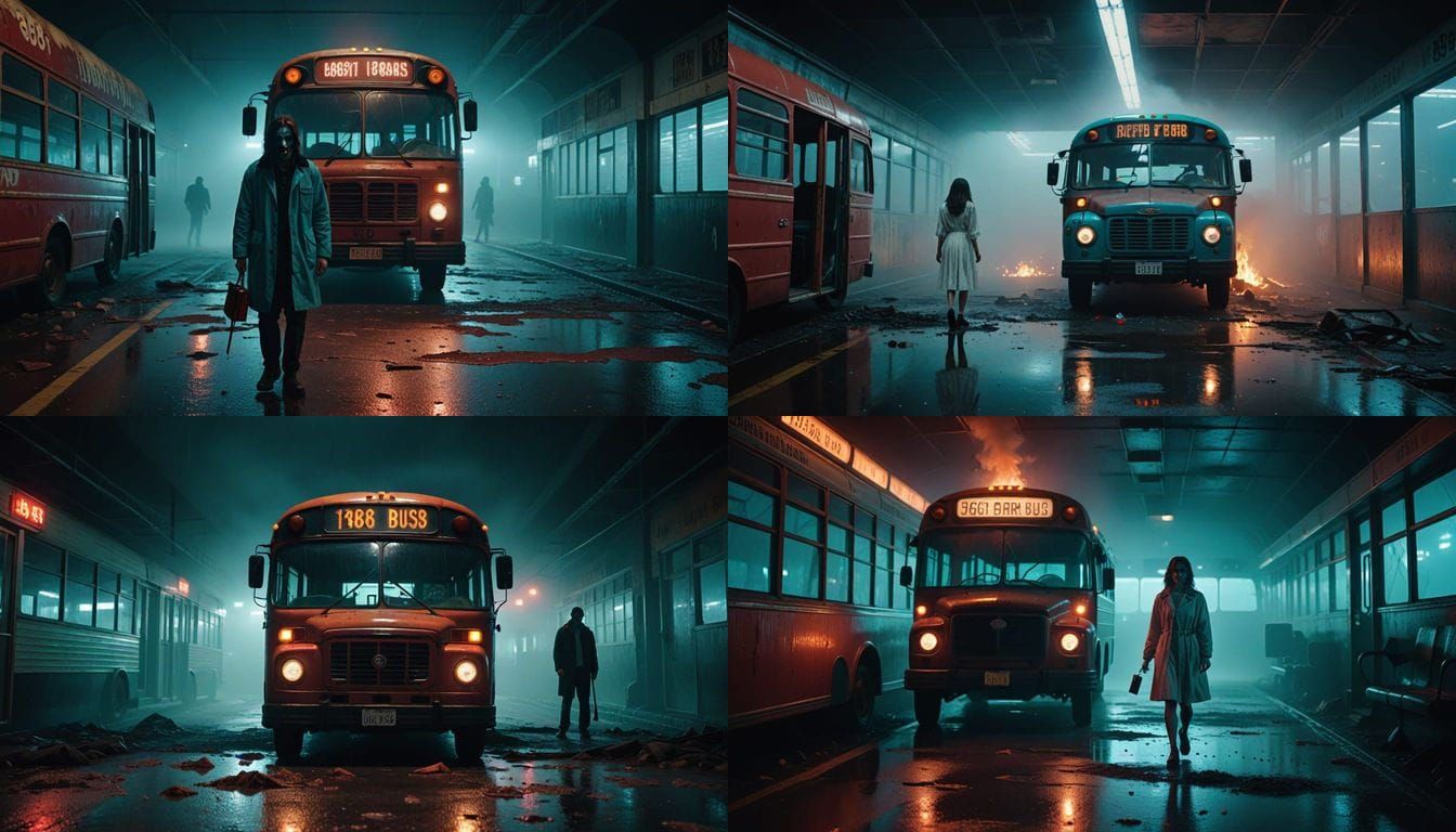 Eerie 1980s Red Bus Emerges from Fog in Abandoned Terminal